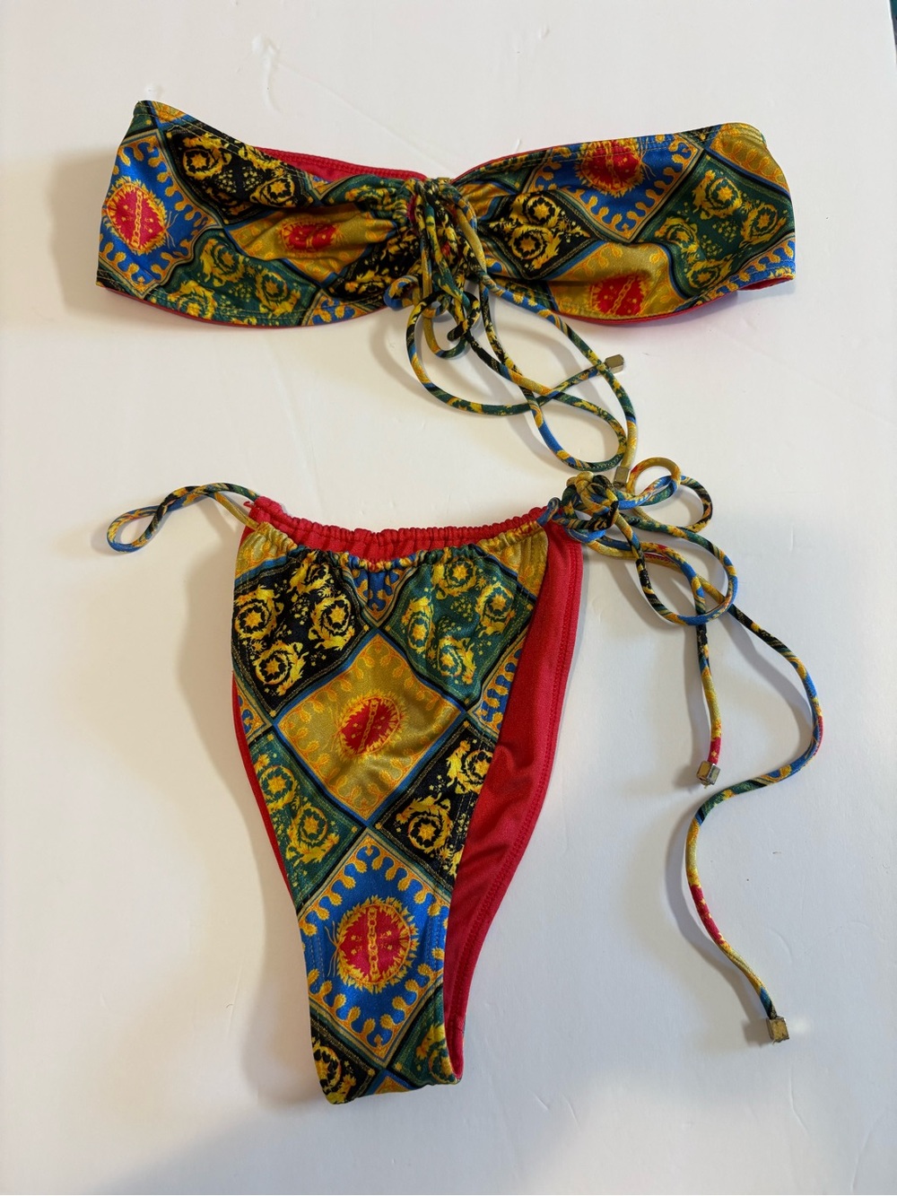 Sommer Swim Yellow Patterned Tie-Side String Bikini Top & Bottom Set M - Picture 2 of 9